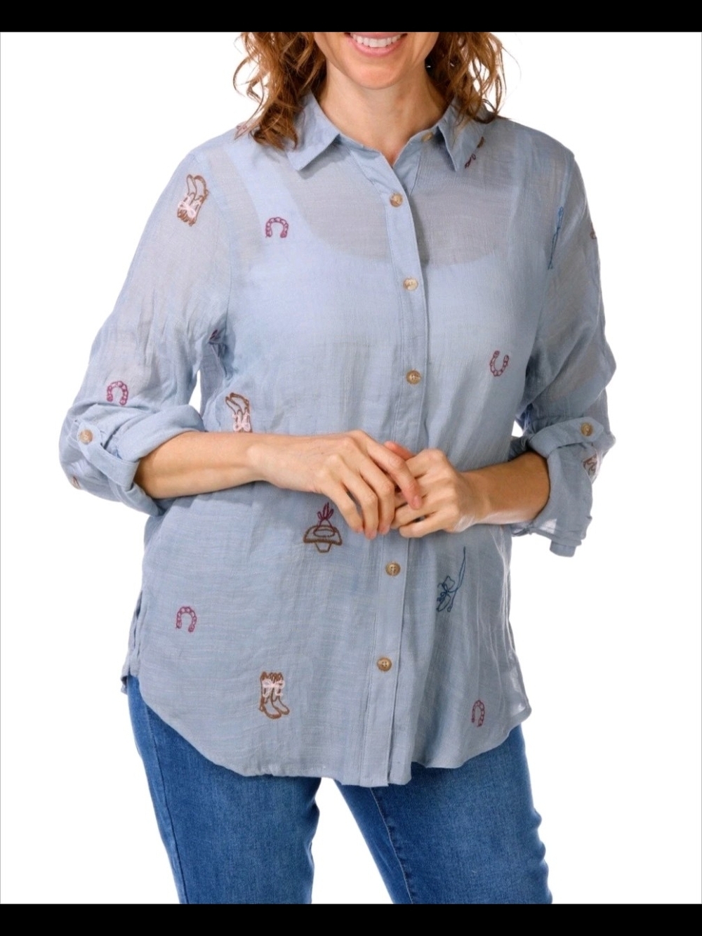 fig and flower Sky Blue Embroidered Button-Down Shirt